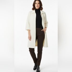 Vintage 60s Cream Longline Knit Cardigan Coat 3/4 Sleeve Open Front M Hepburn
